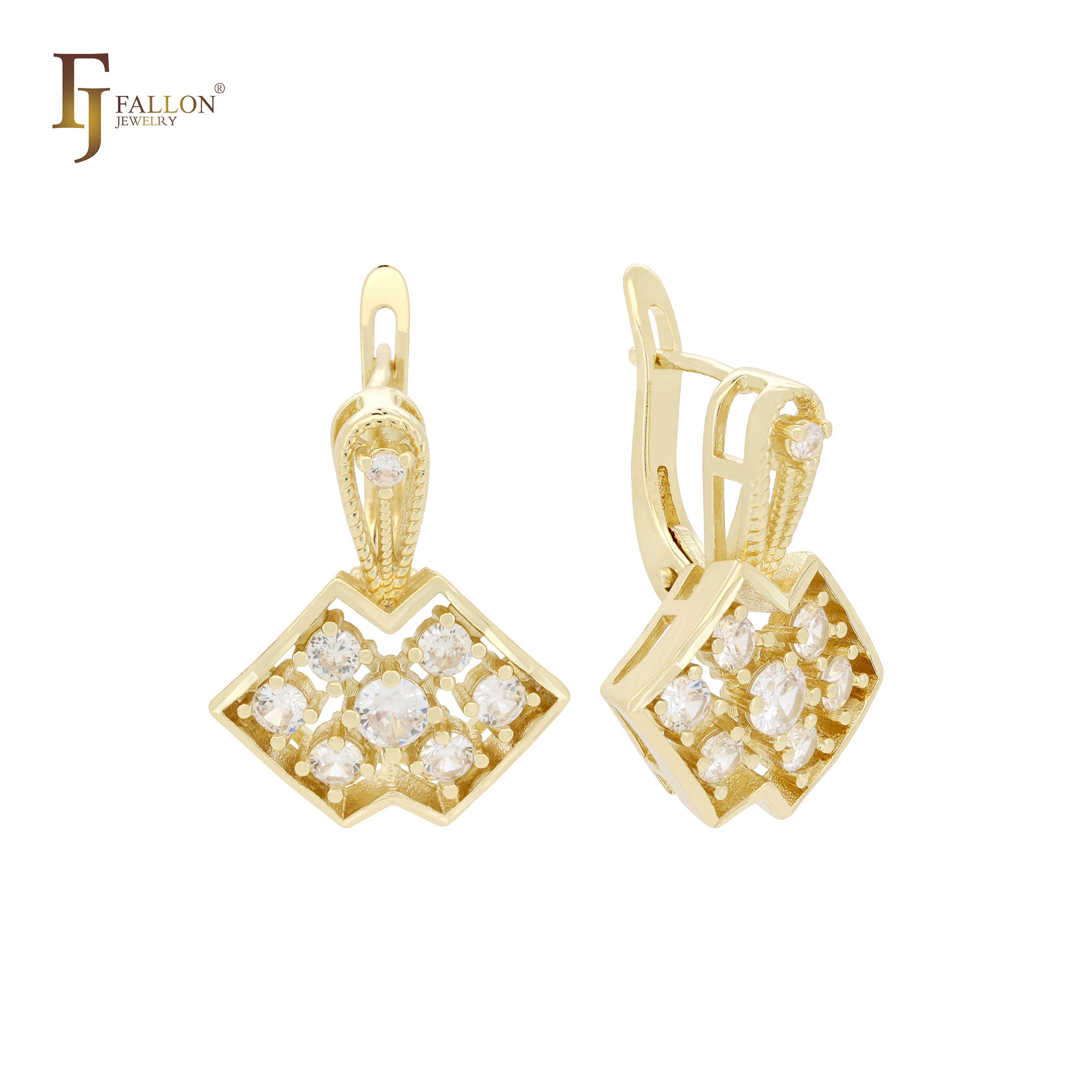 Double rhombus white CZs cluster 14K Gold earrings – FJ Fallon Jewelry