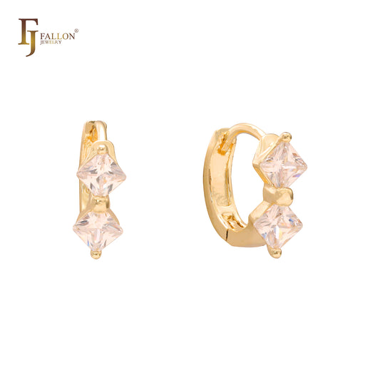 Double rhombus white CZs 14K Gold, 18K Gold Huggie Earrings