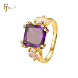 Solitaire big emeald cut colorful CZ sided with two white CZs 18K Gold engagement rings