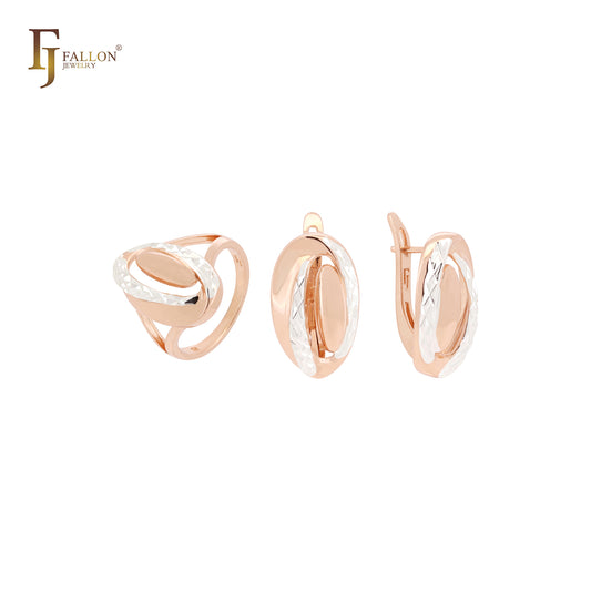 Double Oval crossing Rounded geometric Rose Gold two tone Jewelry Set with Rings