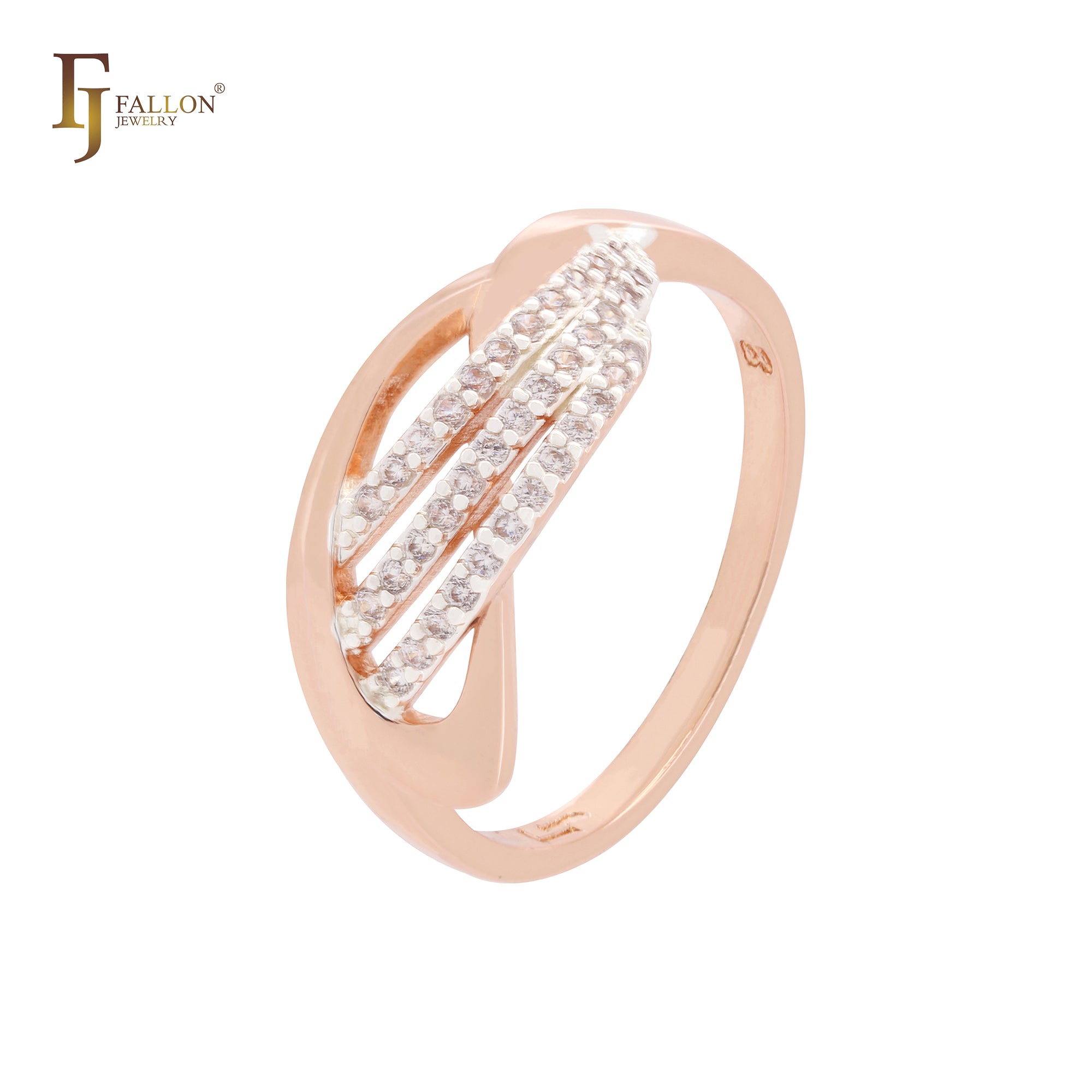 Triple white CZs layers interlocking geometric Rose Gold two tone Fashion Rings