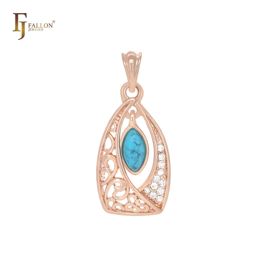 Filigree white CZs with turqoise Rose Gold Pendant