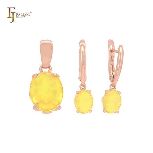 Giant Solitaire oval orange yellow cz Rose Gold Jewelry Set with Pendant