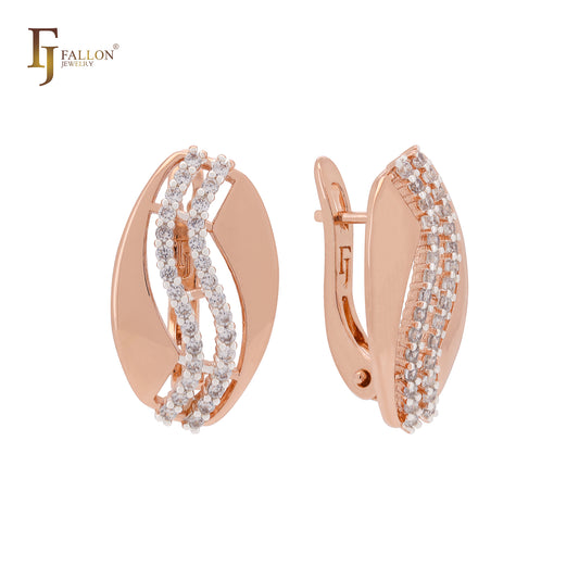 Double rows of white CZs splite design Rose Gold two tone Clip-On Earrings