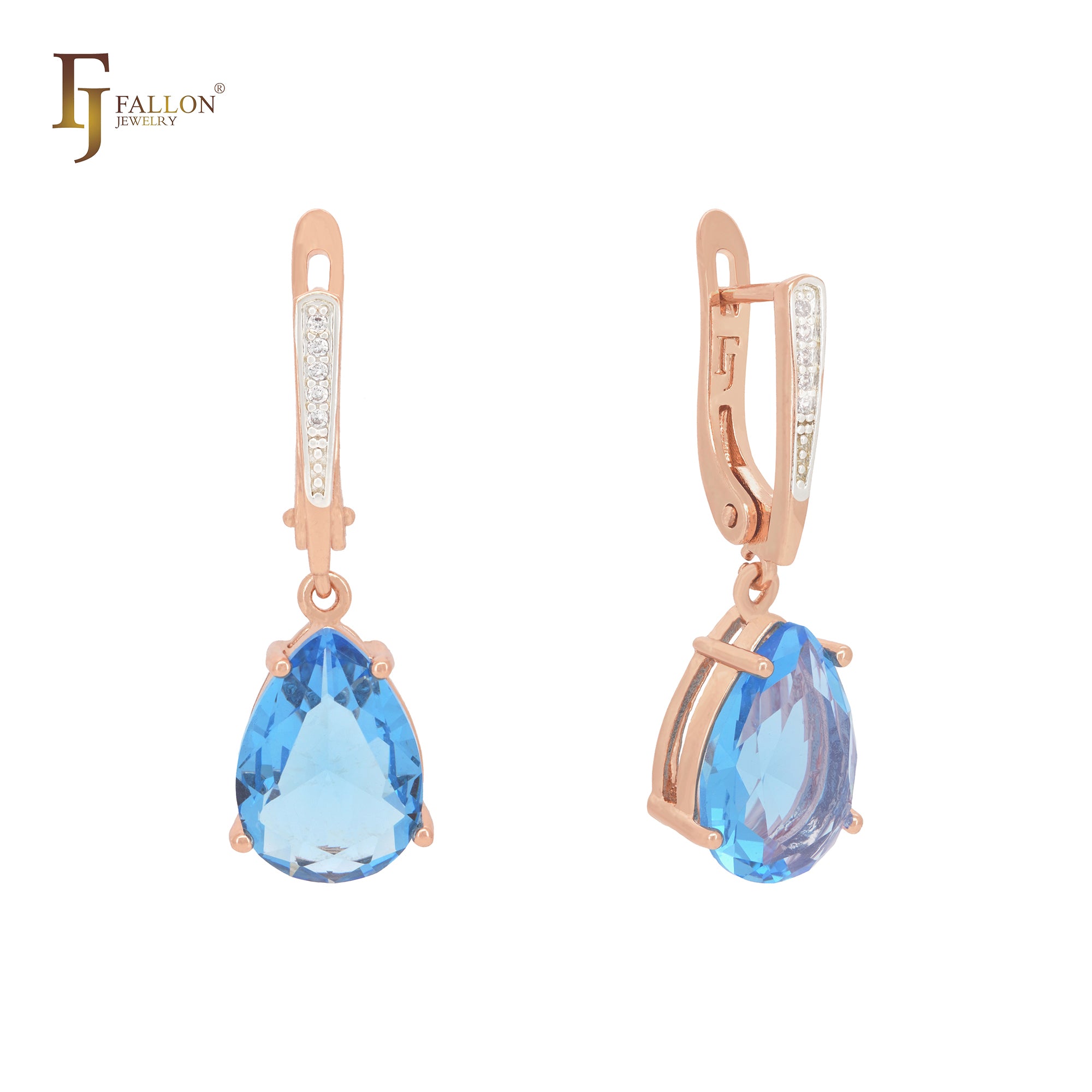 Deep Ocean Blue pear shape CZ Solitaire with white CZs Rose Gold two tone Clip-On Earrings