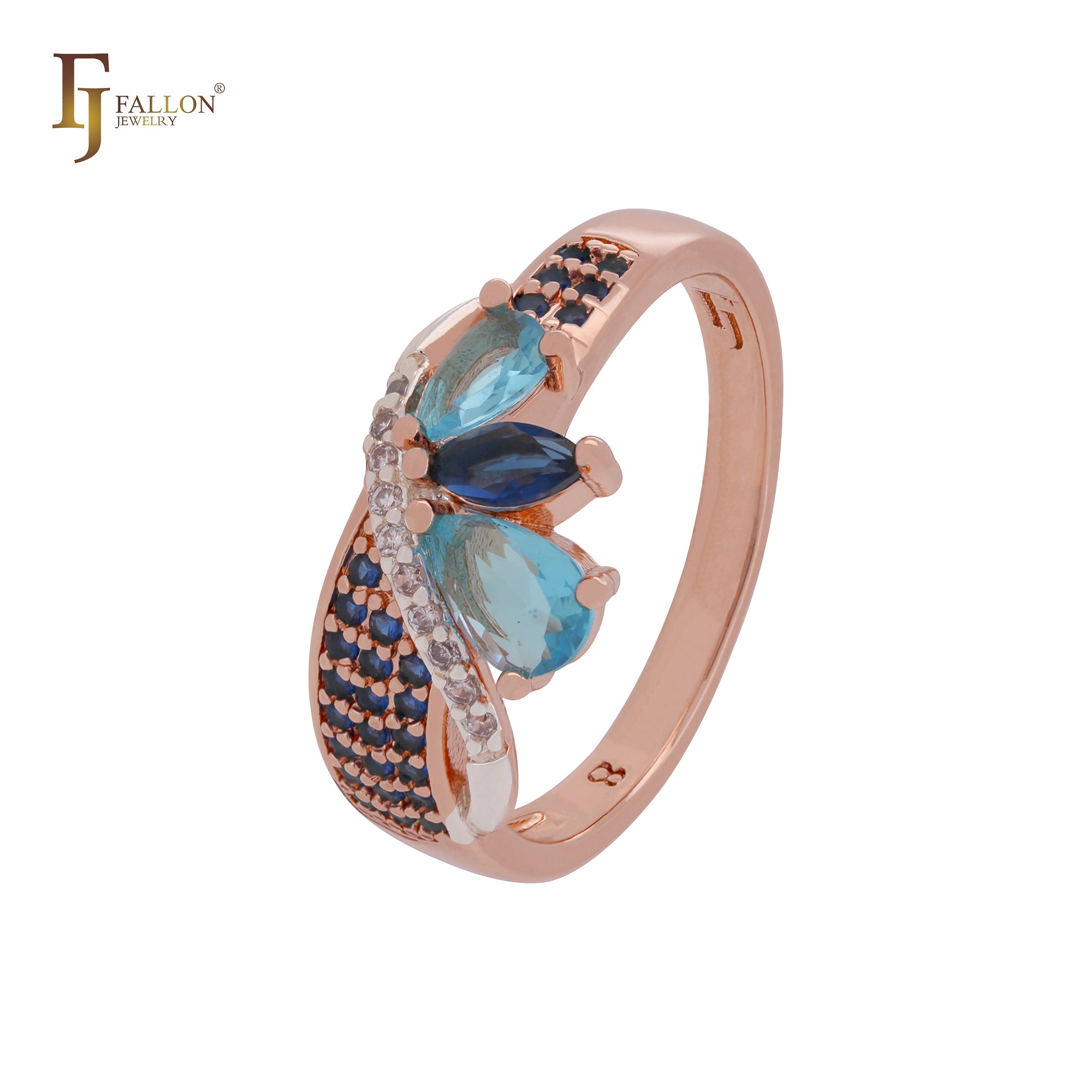 Cluster mixed blue CZs Rose Gold Fashion Rings