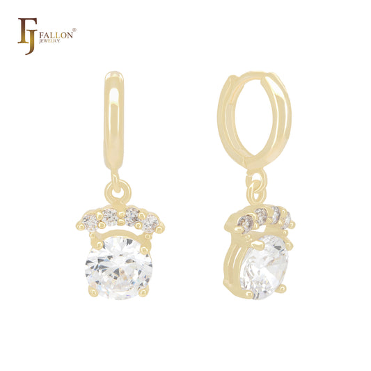 Dangling white CZs with cluster white CZs 14K Gold Huggie Earrings