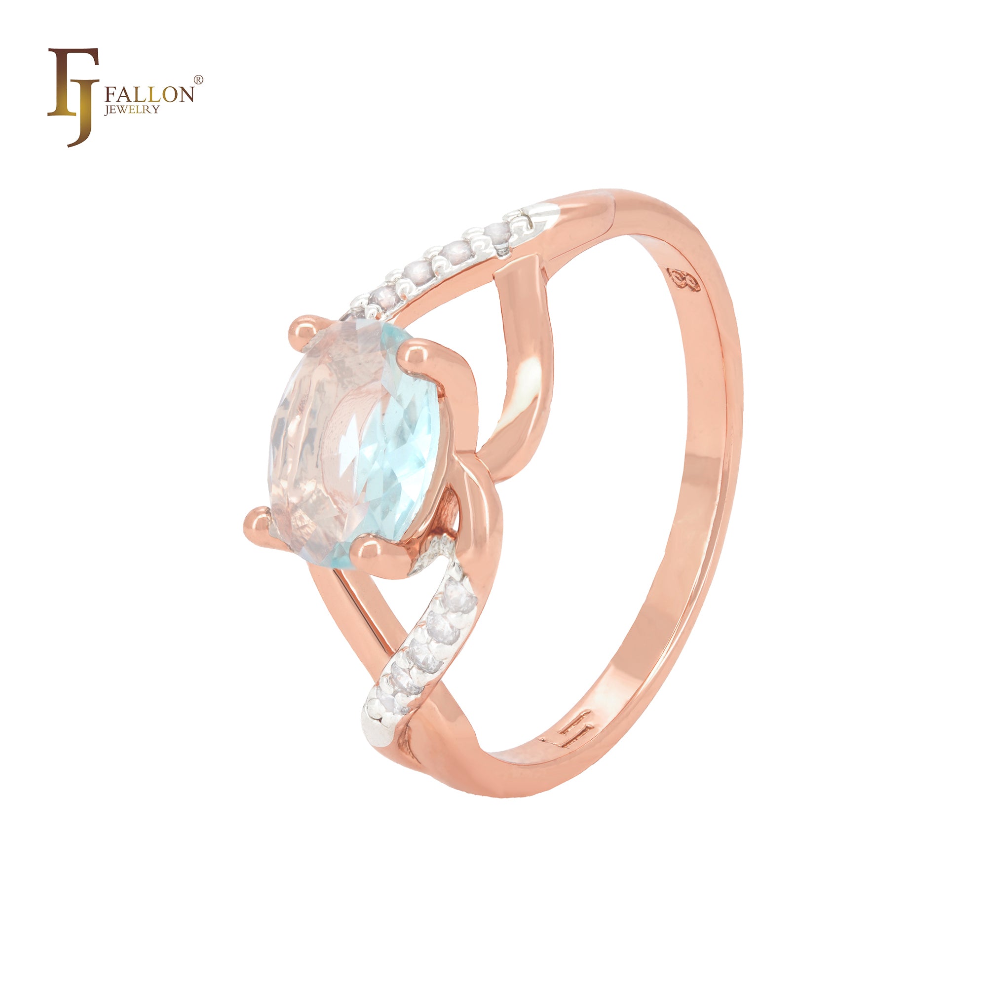 Solitaire Oval lake blue CZ with white Czs of ribbon Rose Gold two tone Fashion Rings