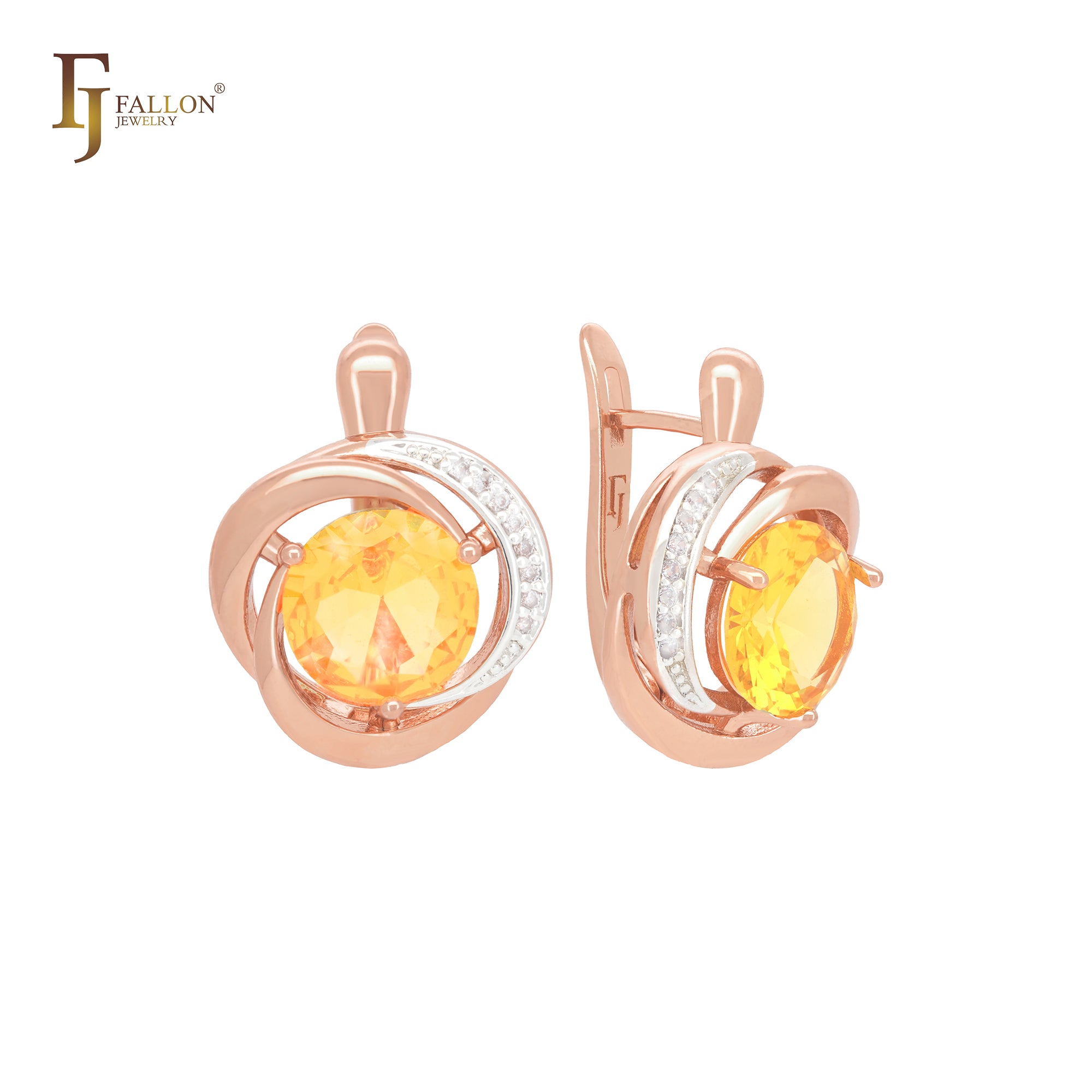 Triple spinning big solitaire rounded Yellow CZ Rose Gold two tone Clip-On Earrings