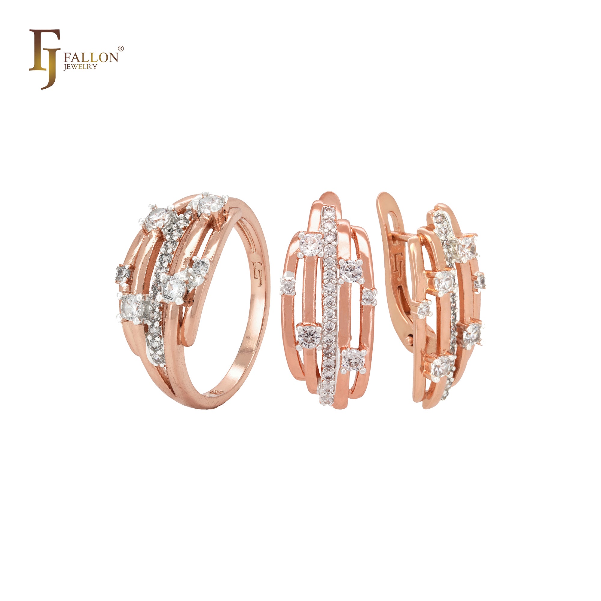 Parallel white CZs cluster geometric Rose Gold Jewelry Set with Rings