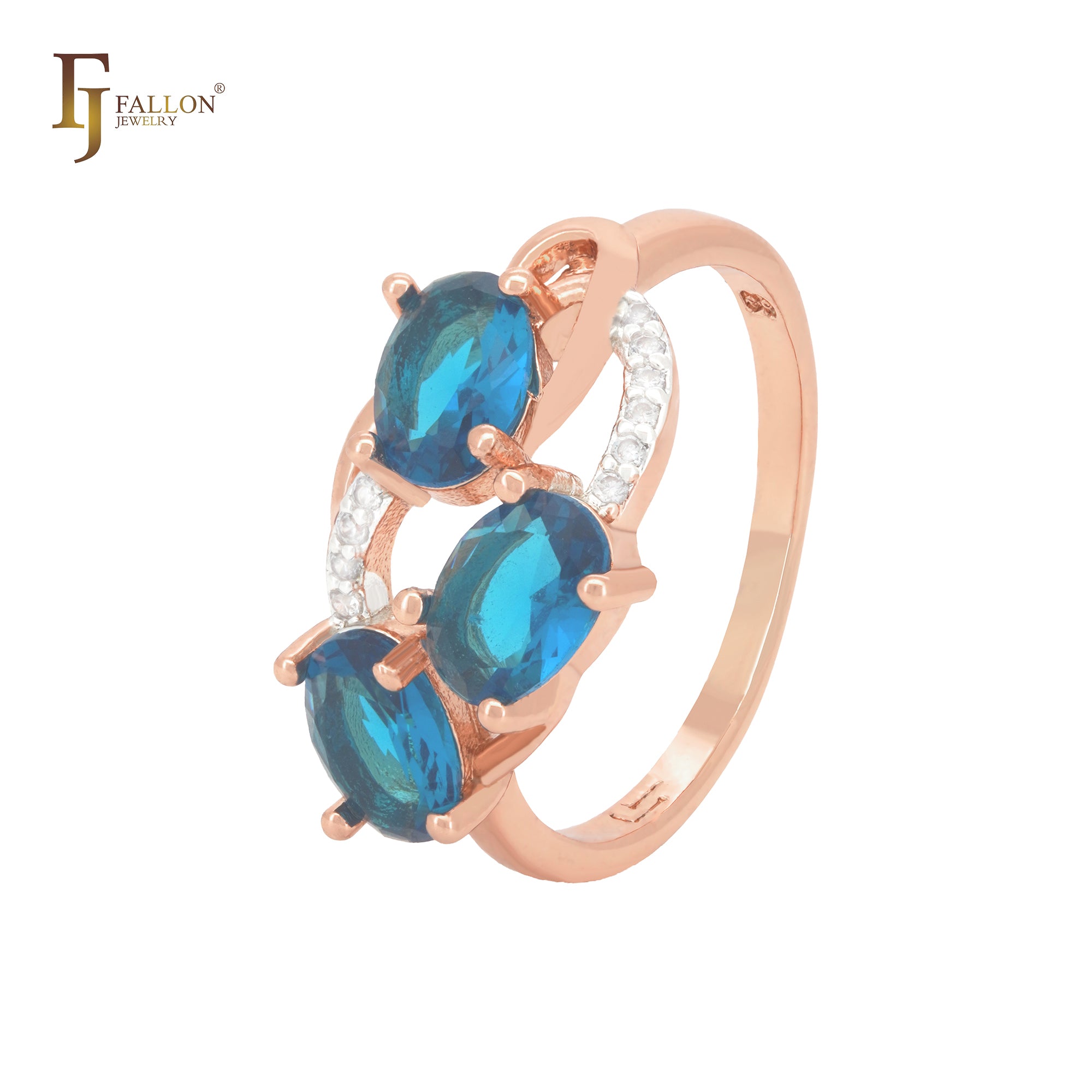 Triple ocean blue CZs cluster Rose Gold two tone Fashion Rings