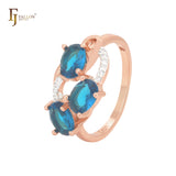 Triple ocean blue CZs cluster Rose Gold two tone Fashion Rings