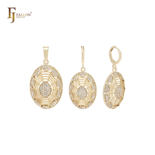 Oval halo filigree spider net white CZs cluster 14K Gold Jewelry Set with Pendant