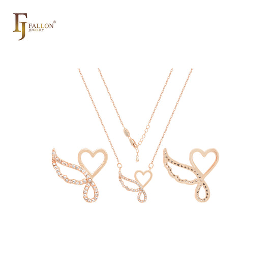 Heart with wings and drop white Czs 14K Gold, Rose Gold Necklace