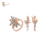 Luxurious Deep lake blue cluster CZs Rose Gold Jewelry Set with Rings