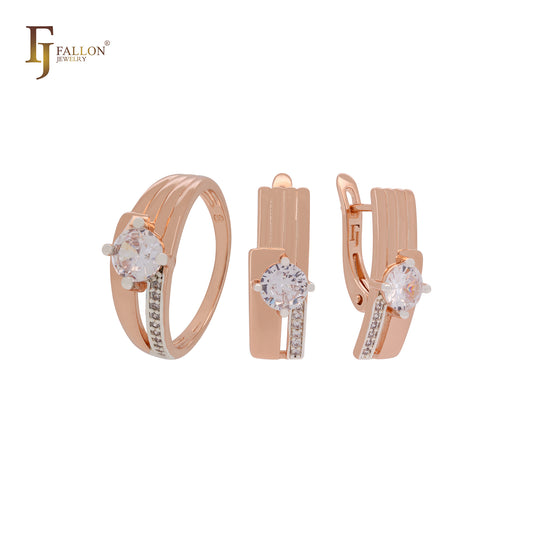 Solitaire rounded white CZ sided with white CZs Rose Gold two tone Jewelry Set with Rings