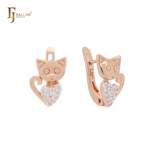 Cute cluster white CZs heart kitty cat Rose Gold child earrings