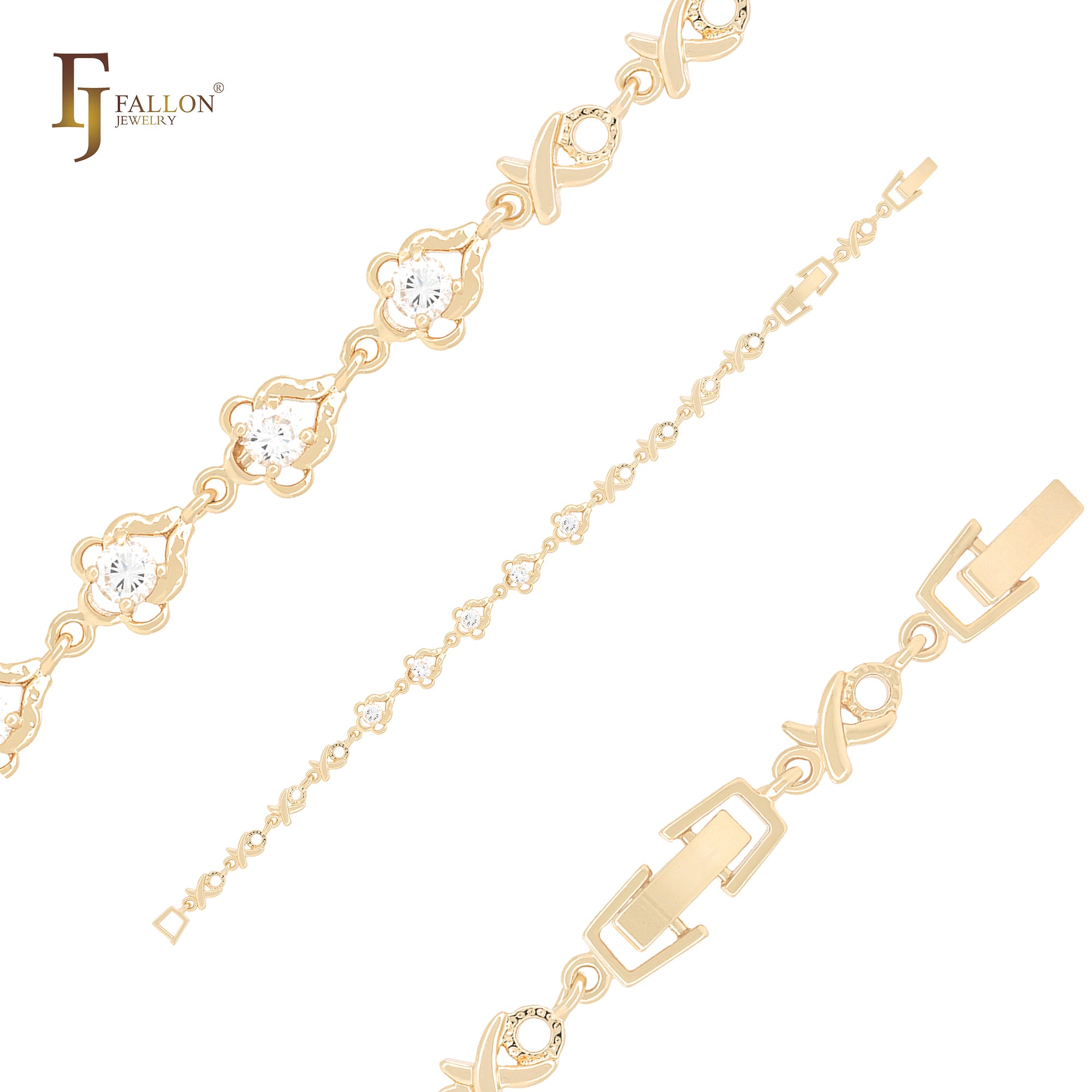 Crosses mixed solitaire white CZs 14K Gold fancy link Bracelets