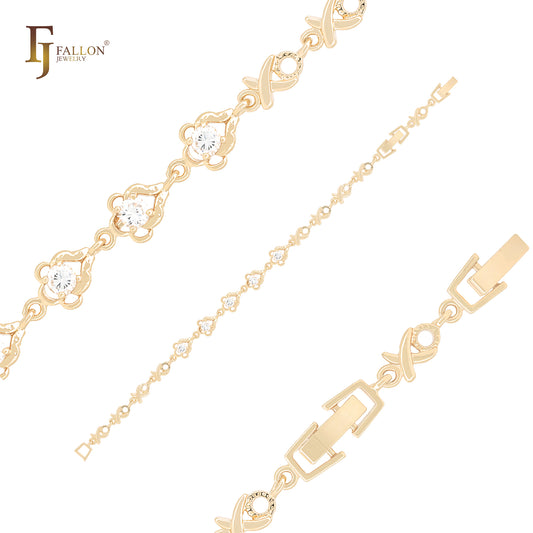 Crosses mixed solitaire white CZs 14K Gold fancy link Bracelets