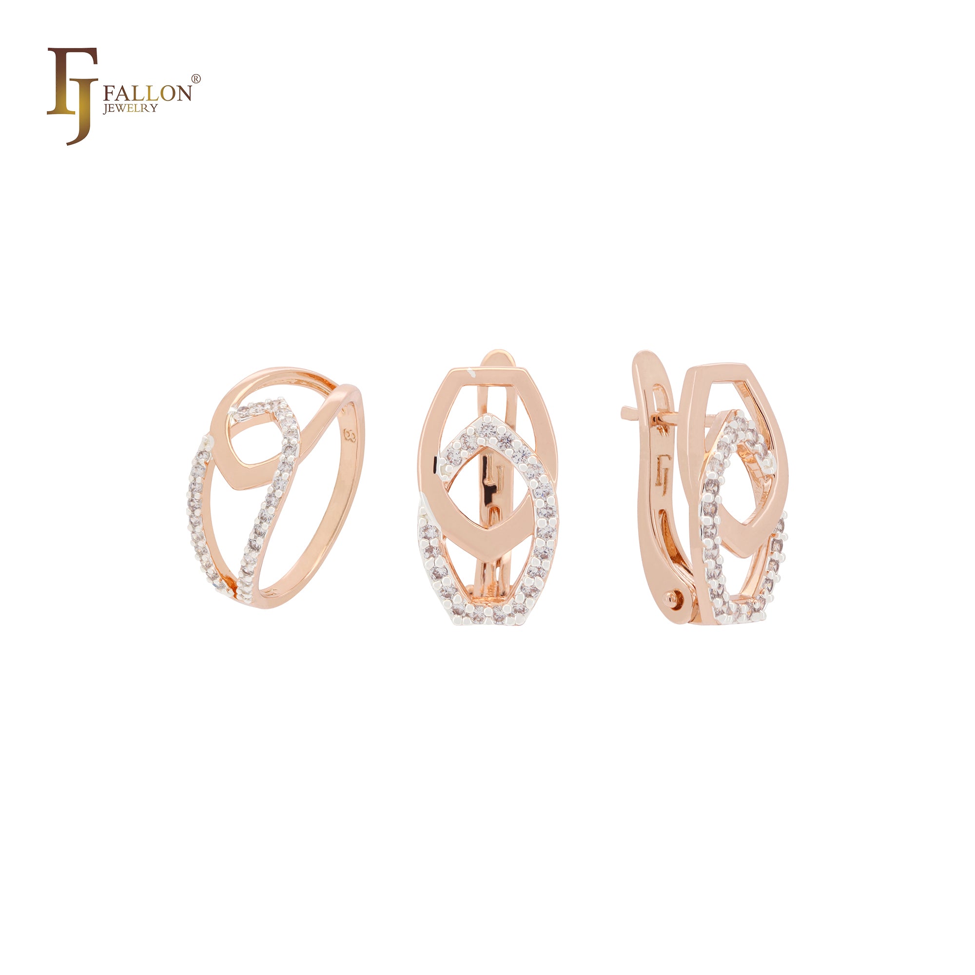 Interlocking buckles of white CZs Rose Gold Jewelry Set with Rings