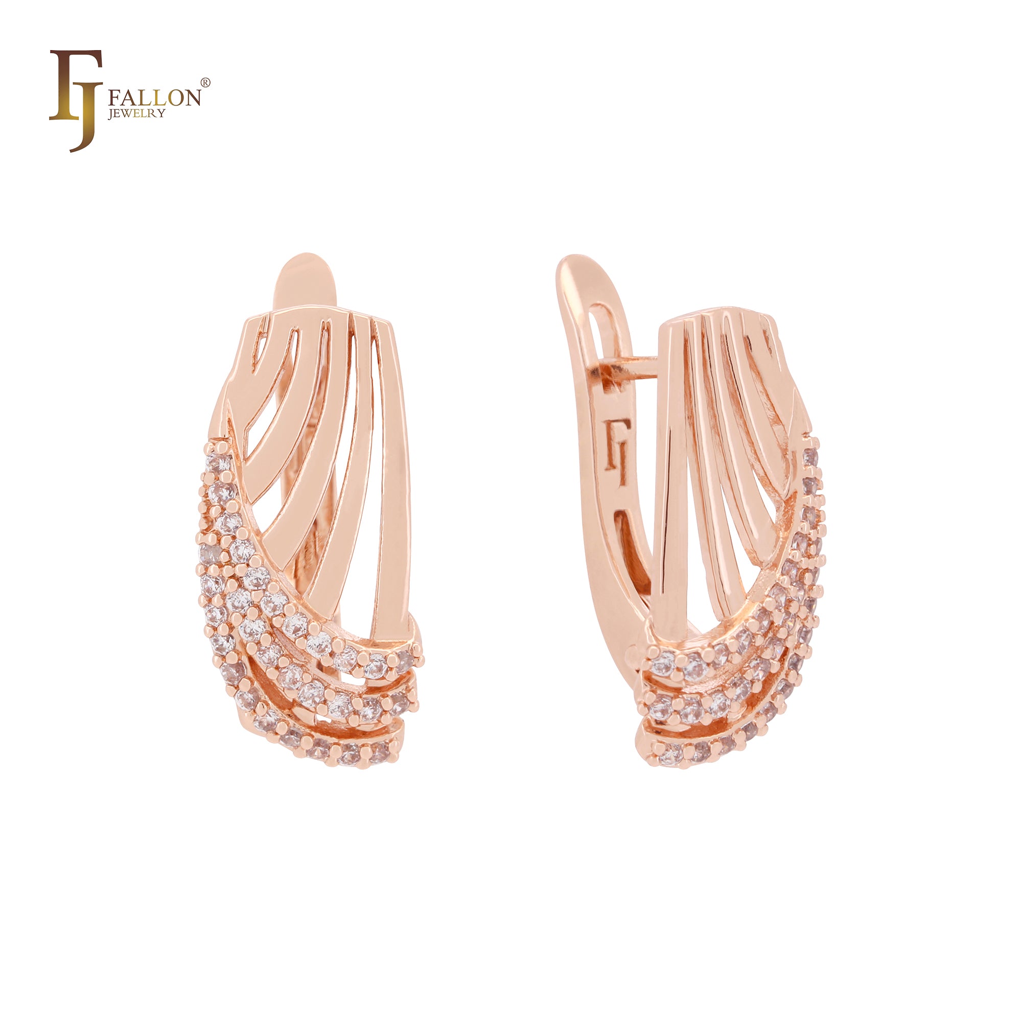 Triple white CZs layers interlocking thousand ribbons Rose Gold Clip-On Earrings