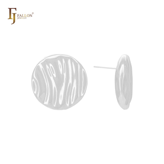 Irregular ripple textured coin shaped 14K Gold, Rose Gold, White Gold Stud Earrings