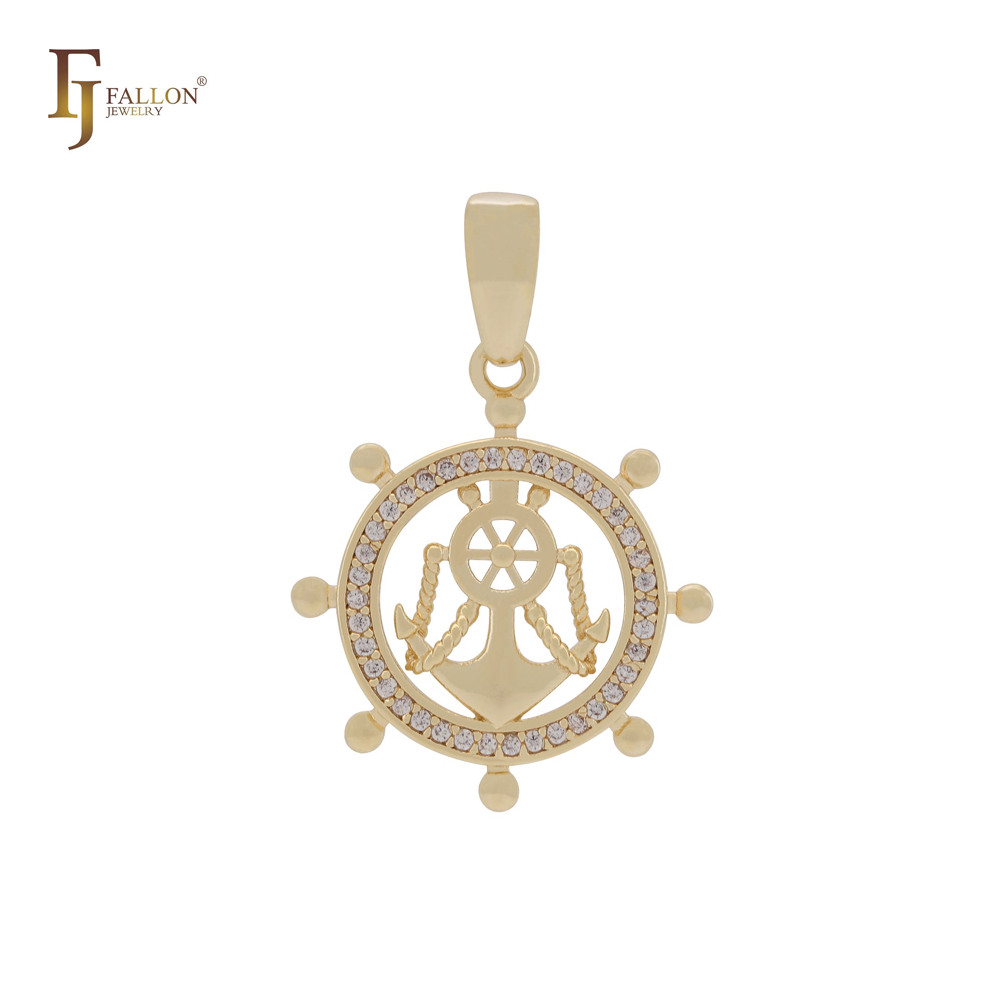 Steering rudder of Mariner anchor of circle white CZs 14K Gold Pendant