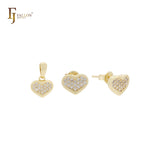 Petit tiny Heart shape cluster white CZs 14K Gold Jewelry Set with Pendant and Stud Earrings