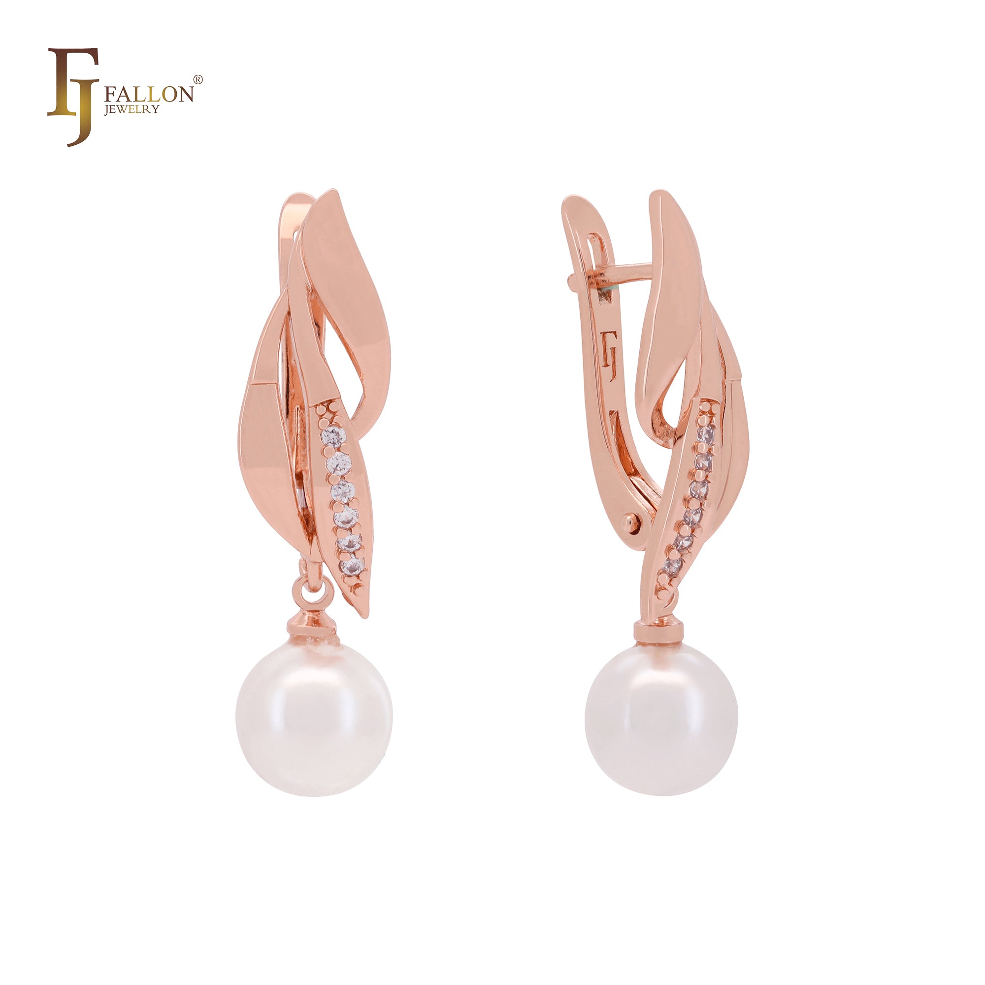 Elegant leave drop pearl with white CZs Rose Gold Clip-On Earrings