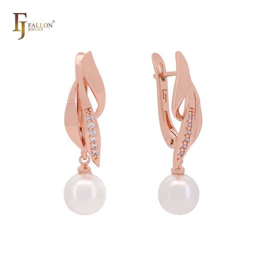 Elegant leave drop pearl with white CZs Rose Gold Clip-On Earrings