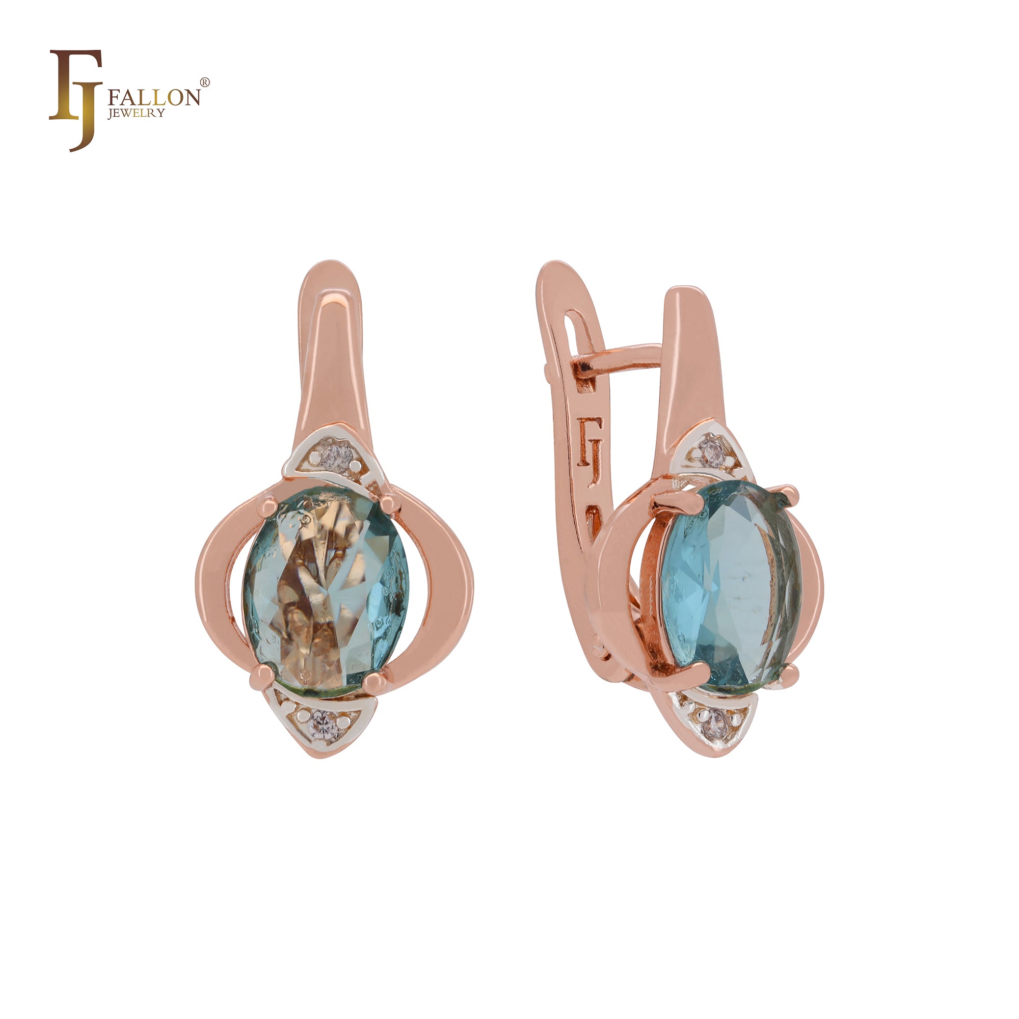 Oval solitaire clawed lake blue CZ Rose Gold two tone Clip-On Earrings