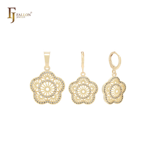 Pentagon rounded flower white CZs snowflakes 14K Gold Jewelry Set with Pendant