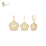 Pentagon rounded flower white CZs snowflakes 14K Gold Jewelry Set with Pendant