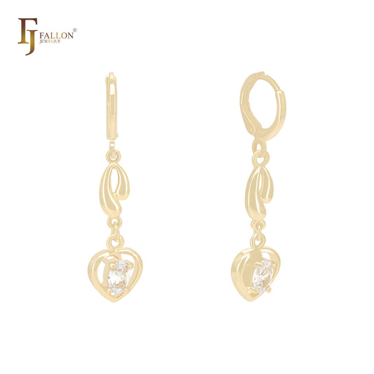 Double drips with heart solitaire white CZ 14K Gold Huggies Earrings