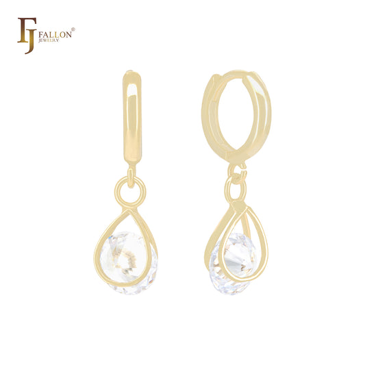 Diamond shaped white CZs clawed 14K Gold Huggies Earrings