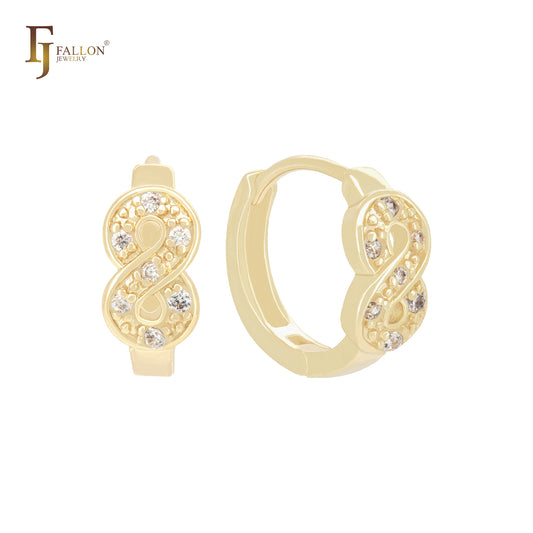 Twisted eight infinity shape of beads and white CZs 14K Gold Huggie Earrings