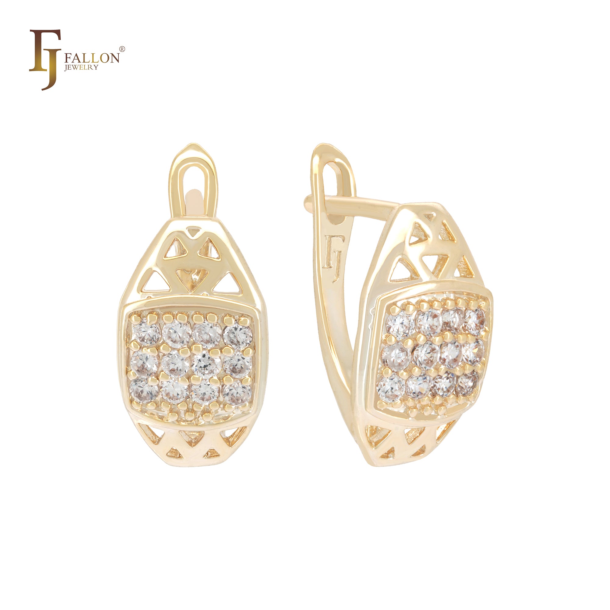 Cushion shaped white CZs cluster 14K Gold Clip-On Earrings