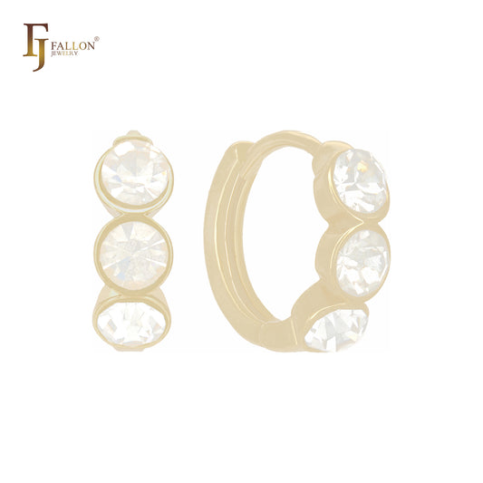 Triple rounded white CZs 14K Gold Huggie Earrings