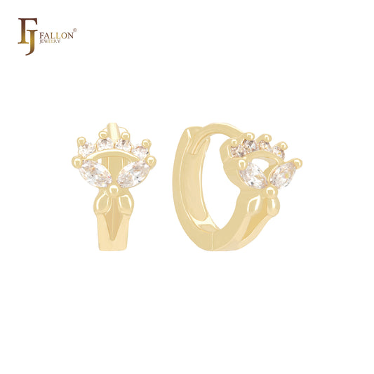 Double white CZs butterfly flower 14K Gold Huggie Earrings