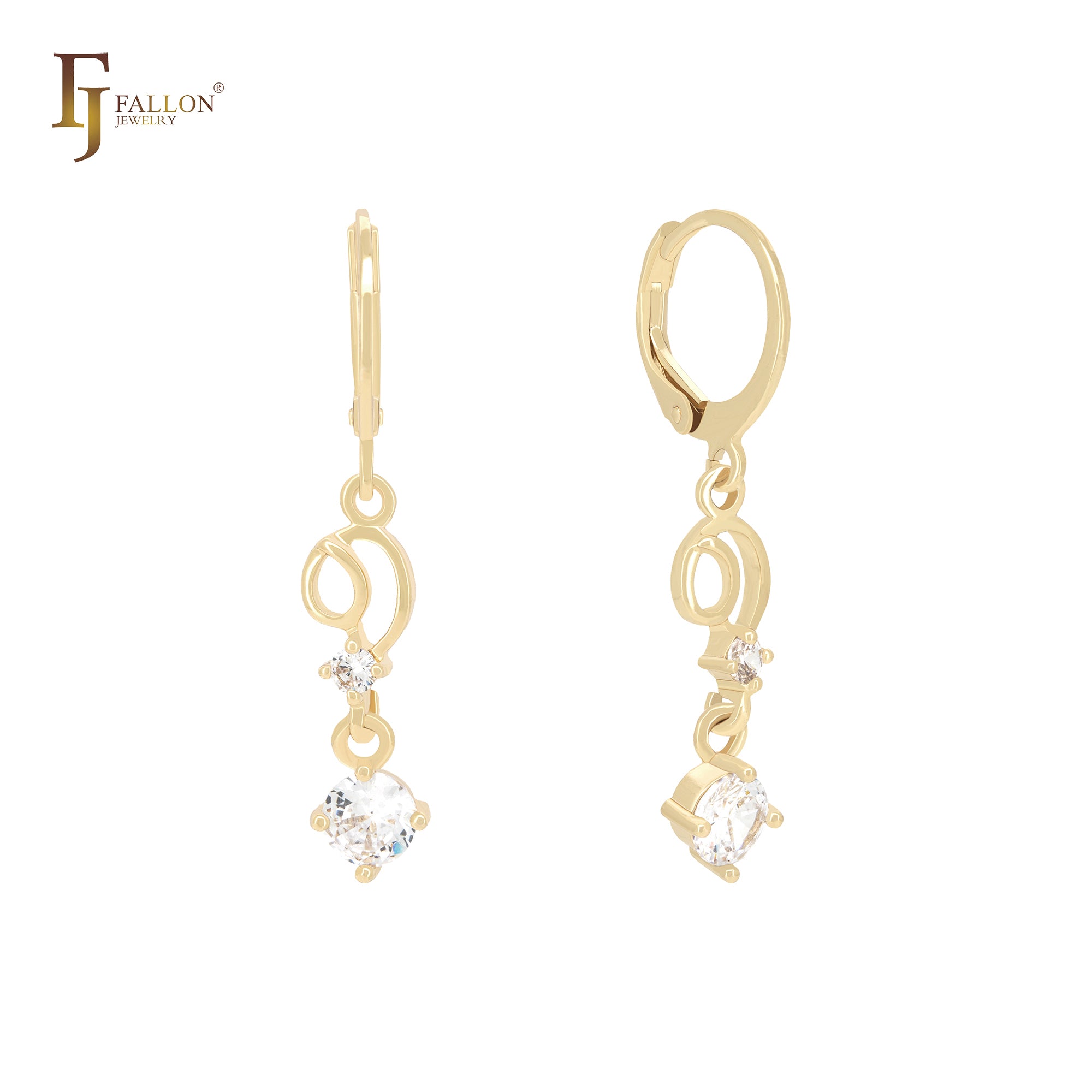 Solitaire rounded  white CZ drop 14K Gold Lever-Jack Huggie Earrings