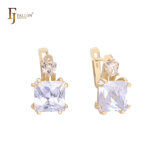 Solitaire and sided white CZs 14K Gold Earrings