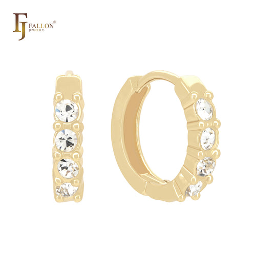 Four rounded white CZs 14K Gold Huggie Earrings