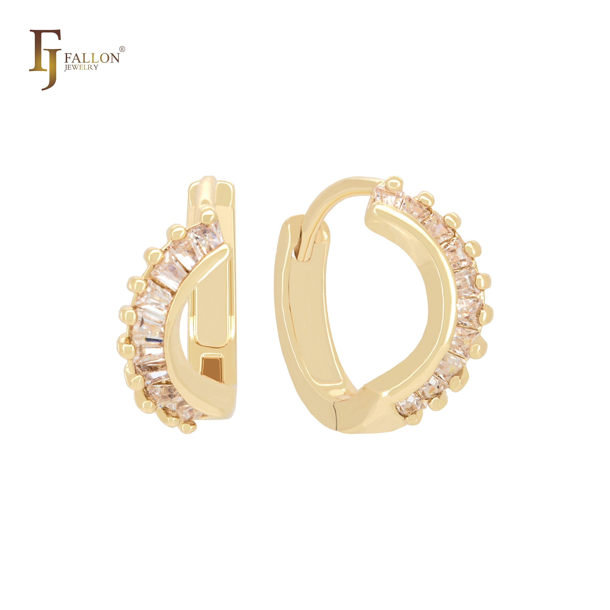 Half D curved shape of baguette white CZs 14k Gold Huggie Earrings