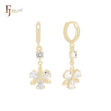 Triple pear shape flower clover CZs 14K Gold Huggie Earrings