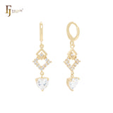 Rhombus shape cluster white CZs drop heart CZ 14K Gold Huggie Earrings