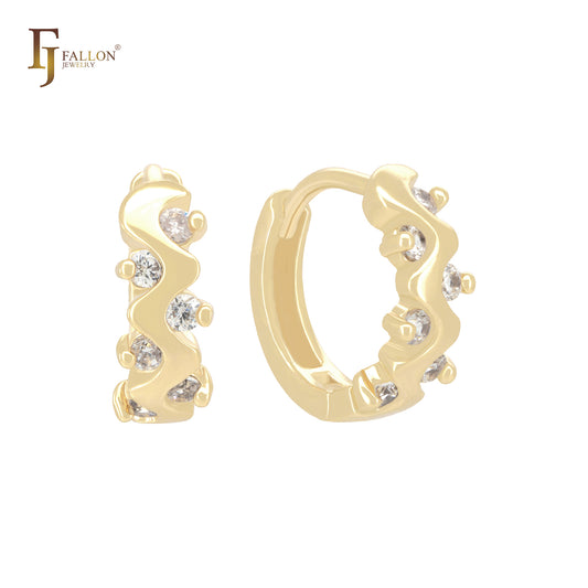 Zigzag shape of white CZs cluster 14K Gold Huggie Earrings