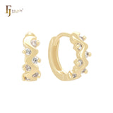 Zigzag shape of white CZs cluster 14K Gold Huggie Earrings