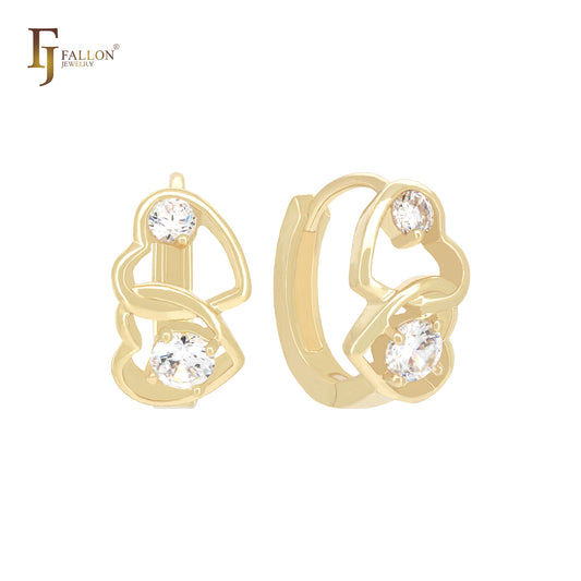 Double Crossing hearts of white CZs 14K Gold Huggie Earrings