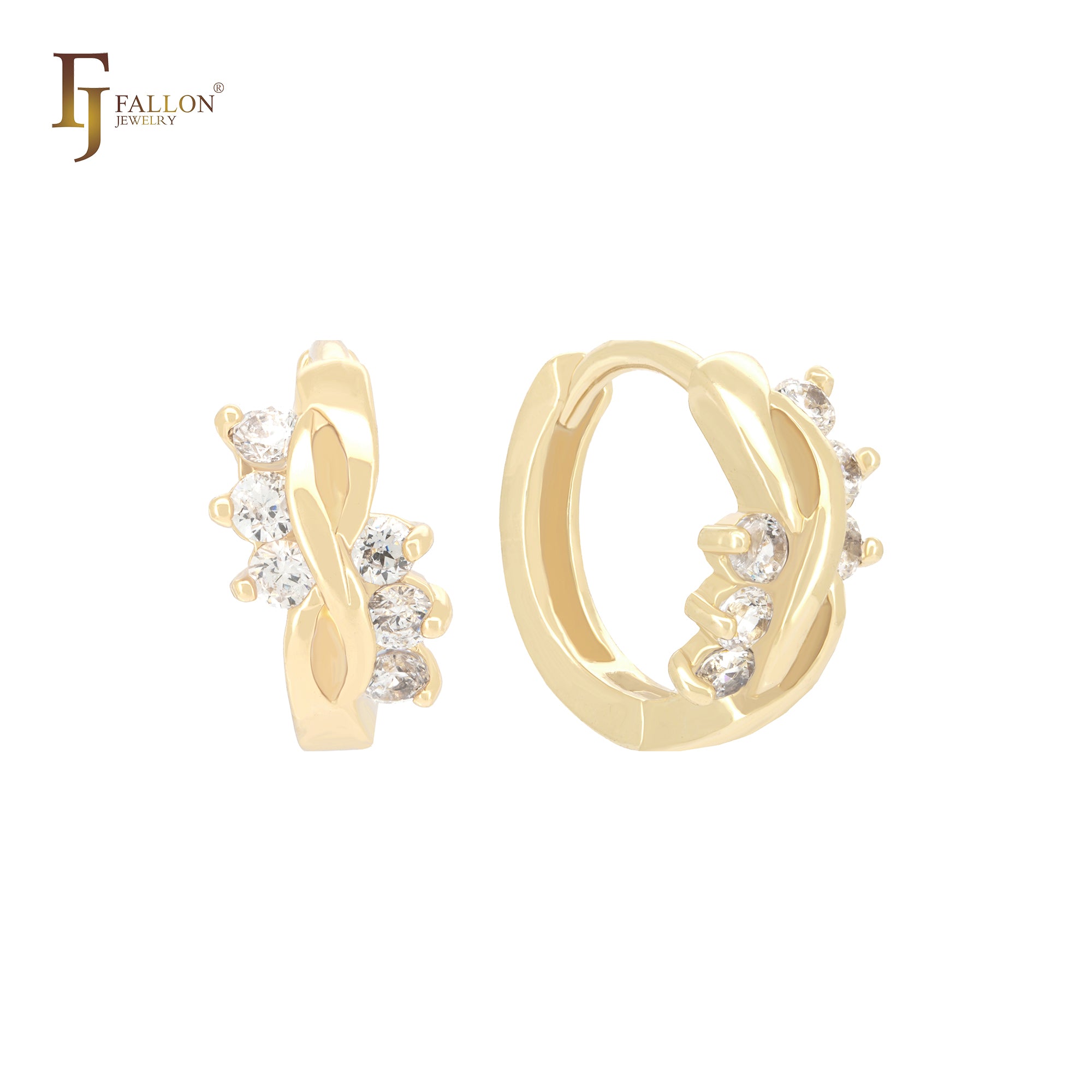 Flower of infinity sign white CZs 14K Gold Huggie Earrings