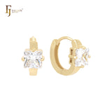 Solitaire squared white CZ 14K Gold Huggie Earrings